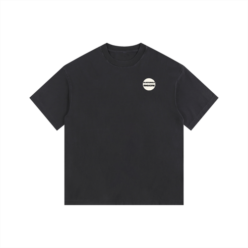 Deep Current — Back Print Tee in Black, front view with the BlackWhole badge