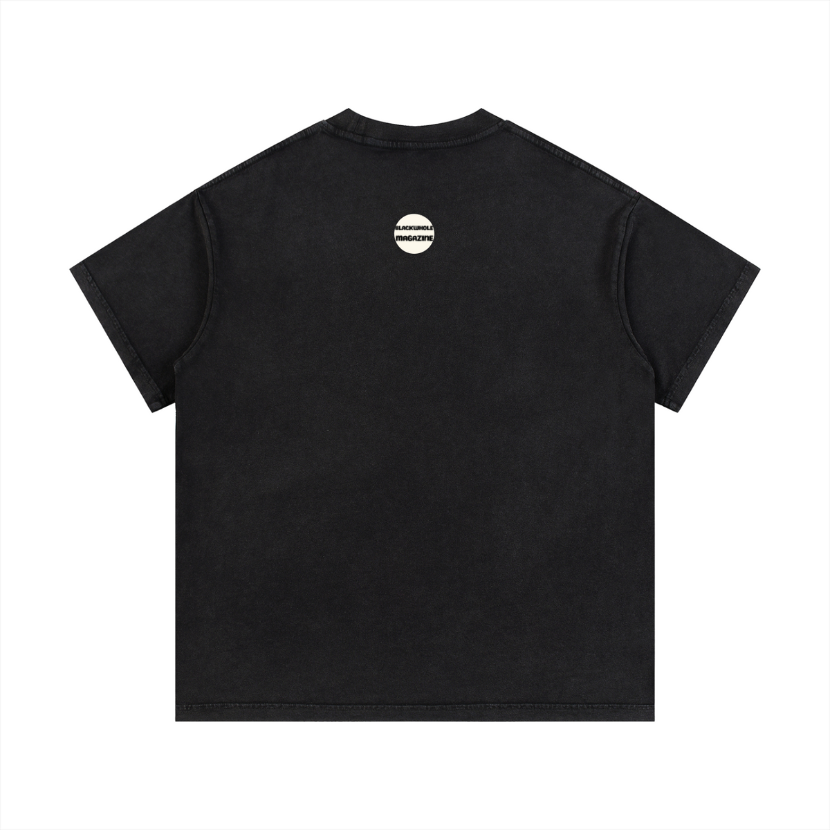 Space Ocean — Front Print Tee in Black, back view with the BlackWhole neck badge