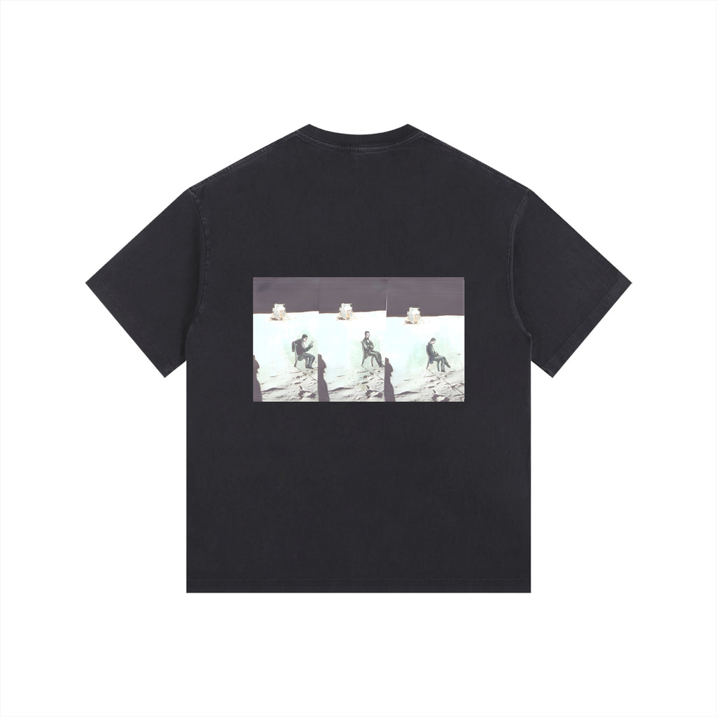 Man On The Moon — Back Print Tee in Black, back view with the artwork