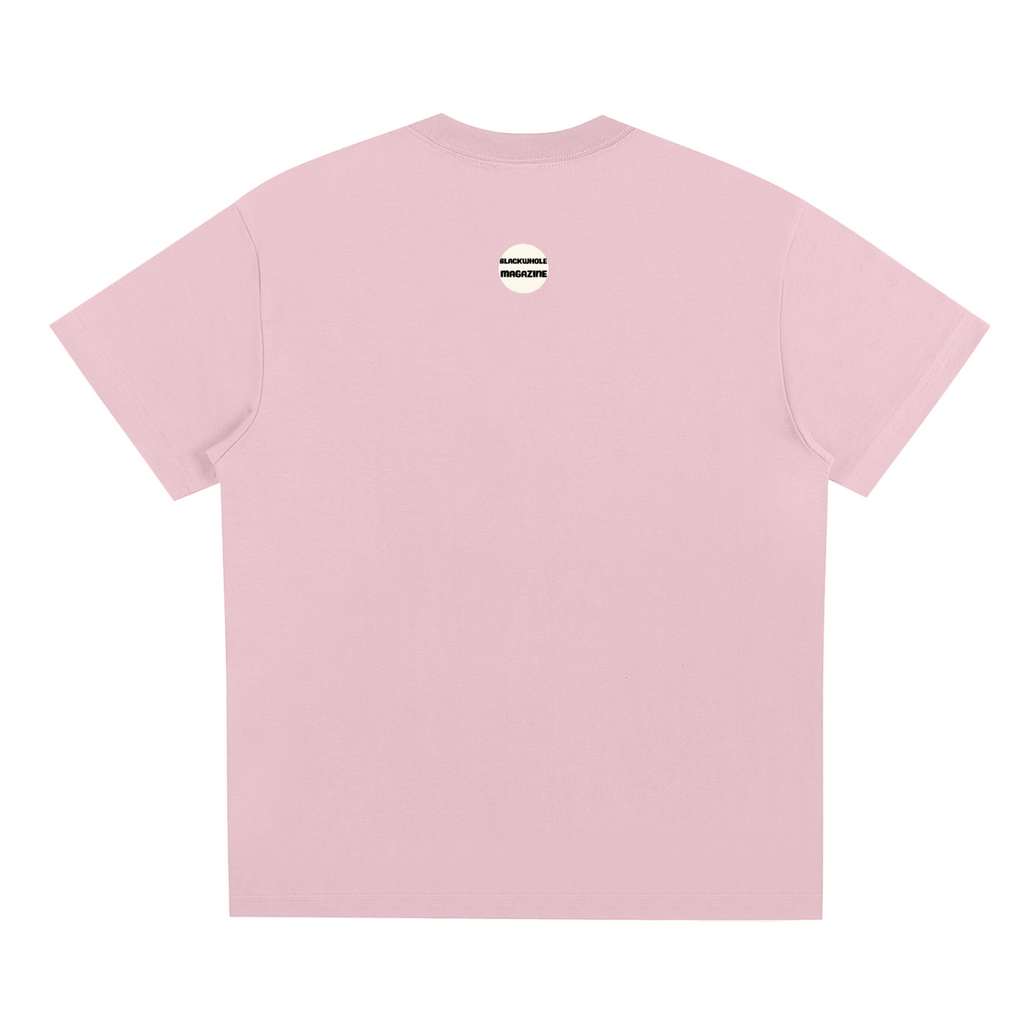 Pink Music Love — Front Print Tee in Pink, back view with the BlackWhole neck badge