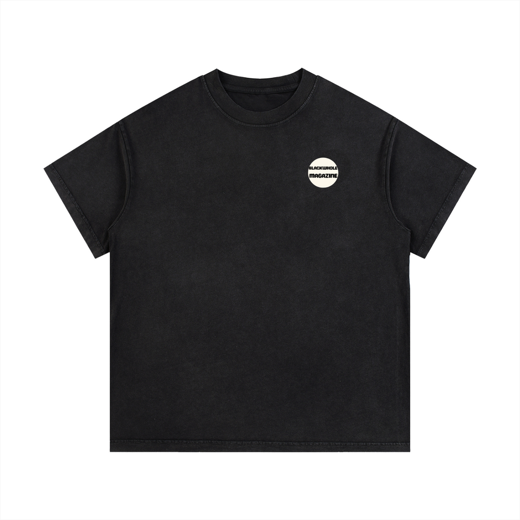 Space Ocean — Back Print Tee in Black, front view with the BlackWhole badge