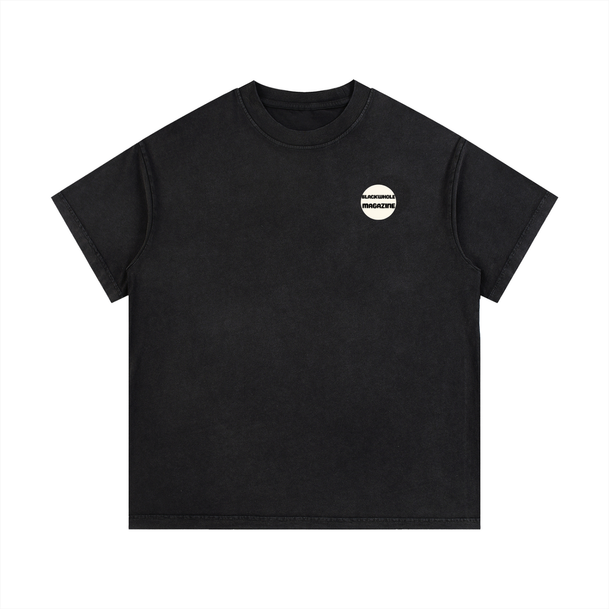 Space Ocean — Back Print Tee in Black, front view with the BlackWhole badge