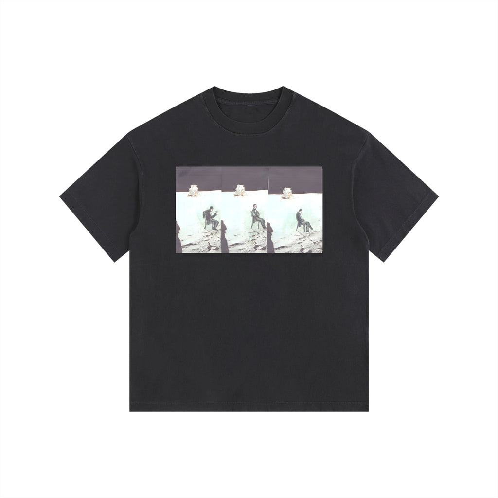 Man On The Moon — Front Print Tee in Black, front view with the artwork