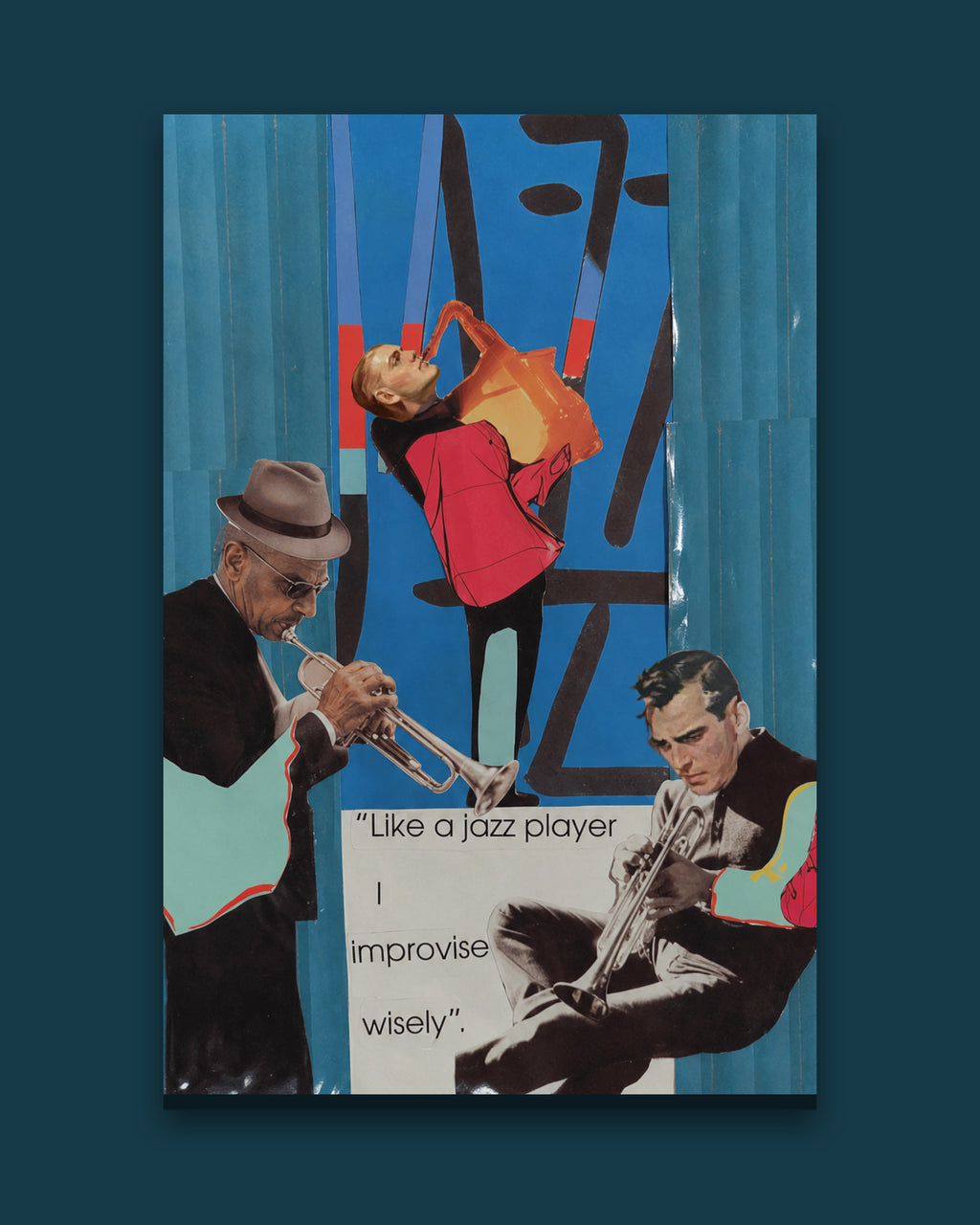 Jazz Trio — hand-cut paper collage printed on canvas, 16 × 24 in