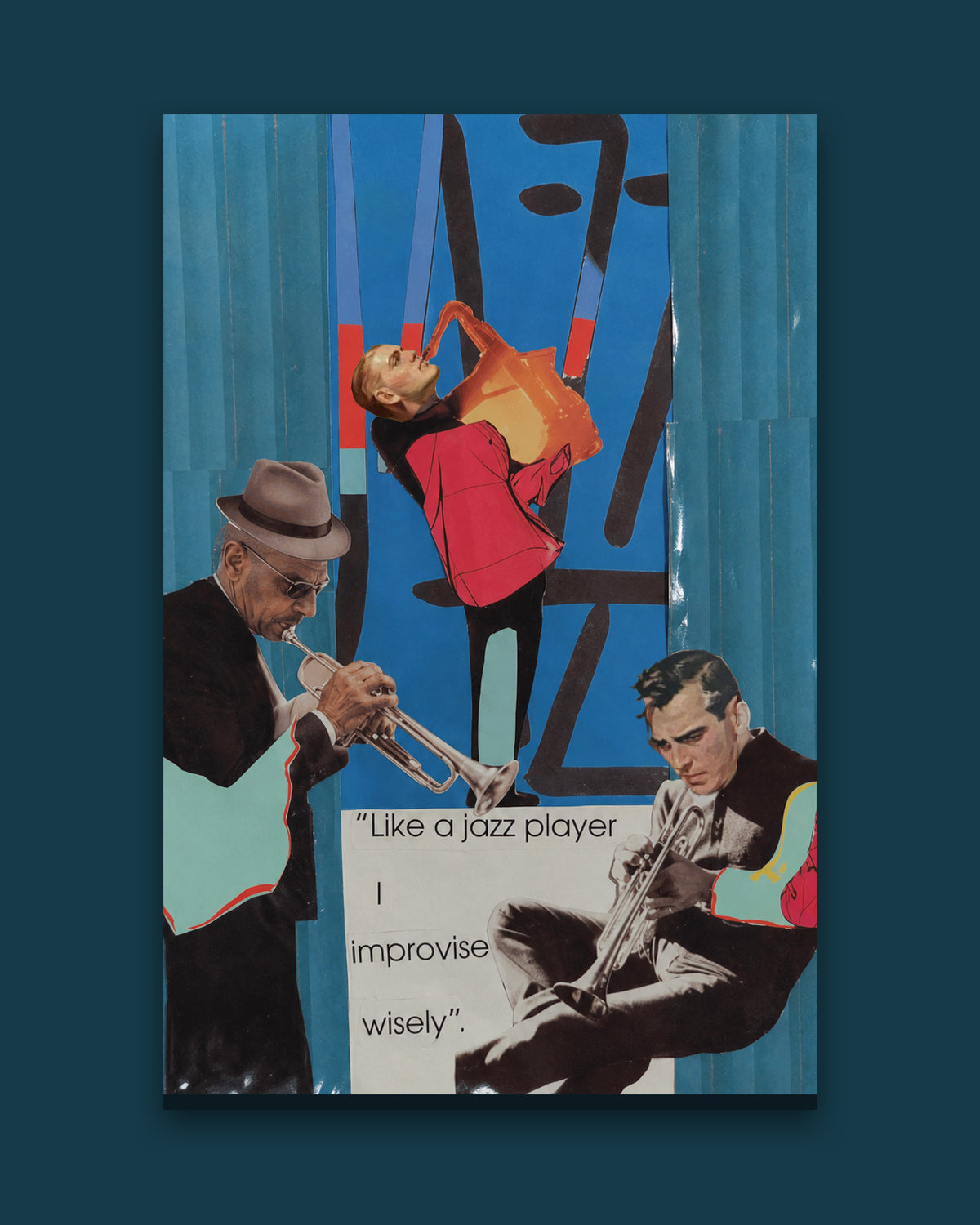 Jazz Trio — hand-cut paper collage printed on canvas, 16 × 24 in