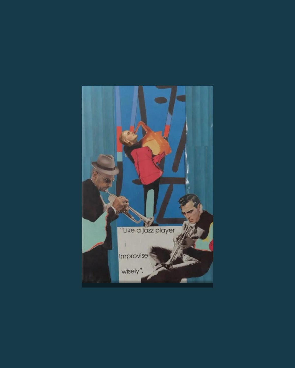 Jazz Trio — hand-cut paper collage printed on canvas, 16 × 24 in