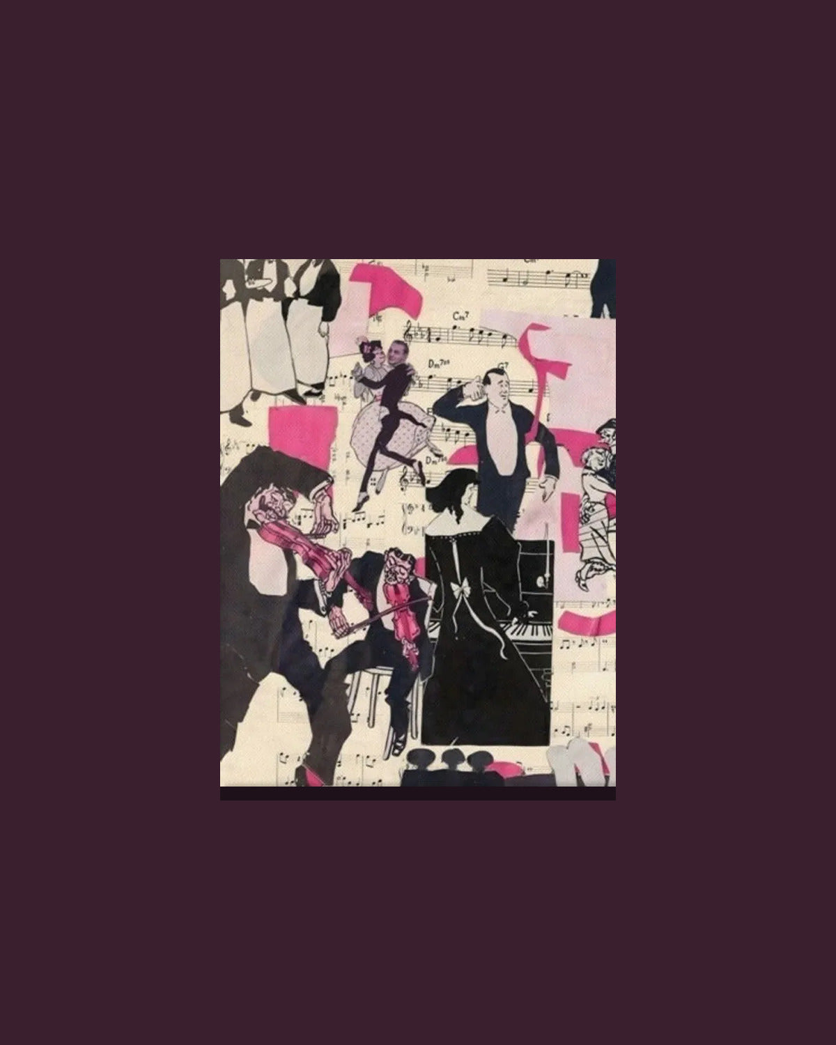 Pink Music Love — hand-cut paper collage printed on canvas, 18 × 24 in