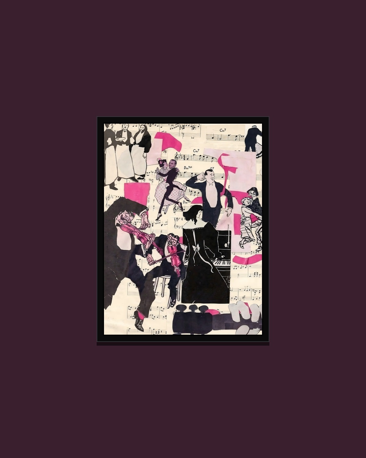 Pink Music Love — hand-cut paper collage, framed art print in a black frame, 18 × 24 in