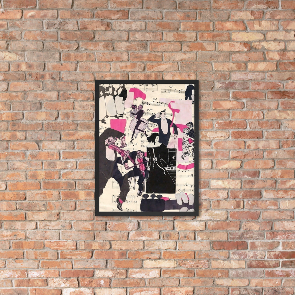 Pink Music Love framed art print in a black frame, on a brick wall — 18 × 24 in