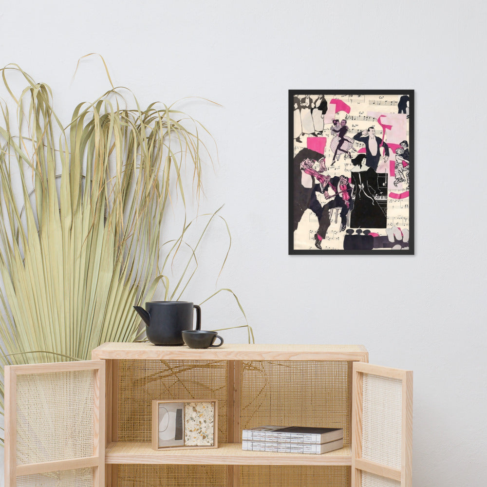 Pink Music Love framed art print in a black frame, above a sideboard — 18 × 24 in