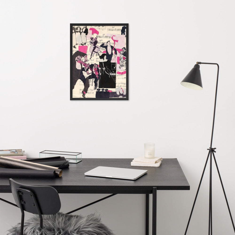 Pink Music Love framed art print in a black frame, above a desk in a home office — 18 × 24 in