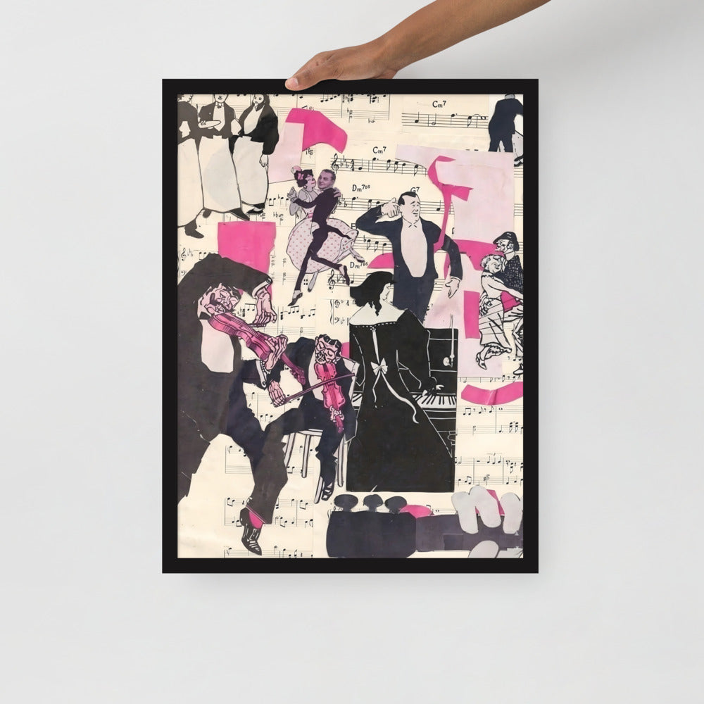 Pink Music Love framed art print in a black frame, held up to show its size — 18 × 24 in
