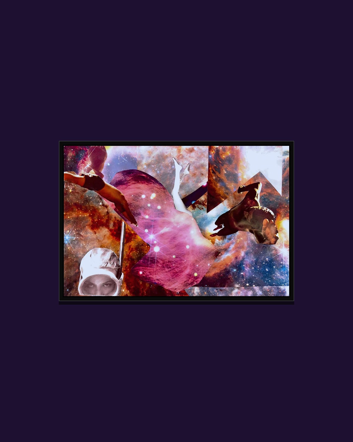 Space Ocean — hand-cut paper collage, framed art print in a black frame, 36 × 24 in