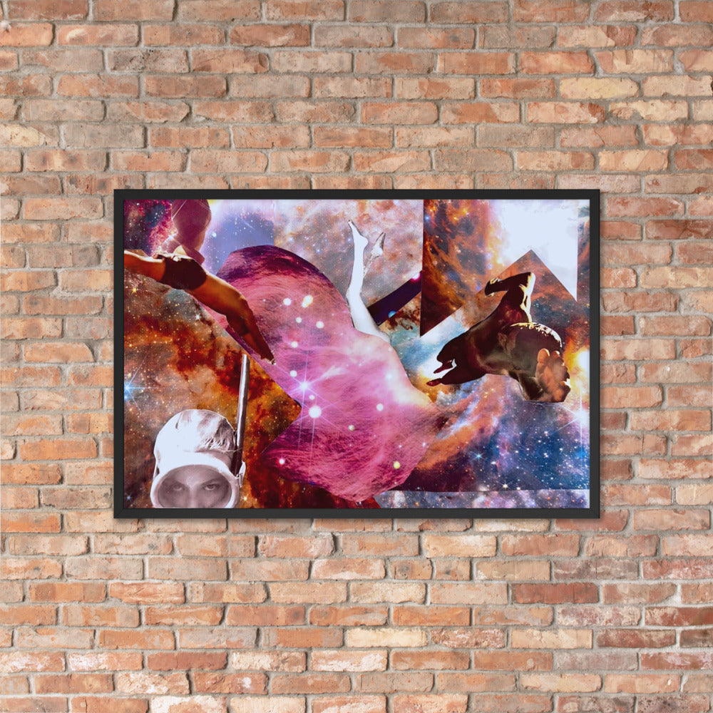 Space Ocean framed art print in a black frame, on a brick wall — 36 × 24 in