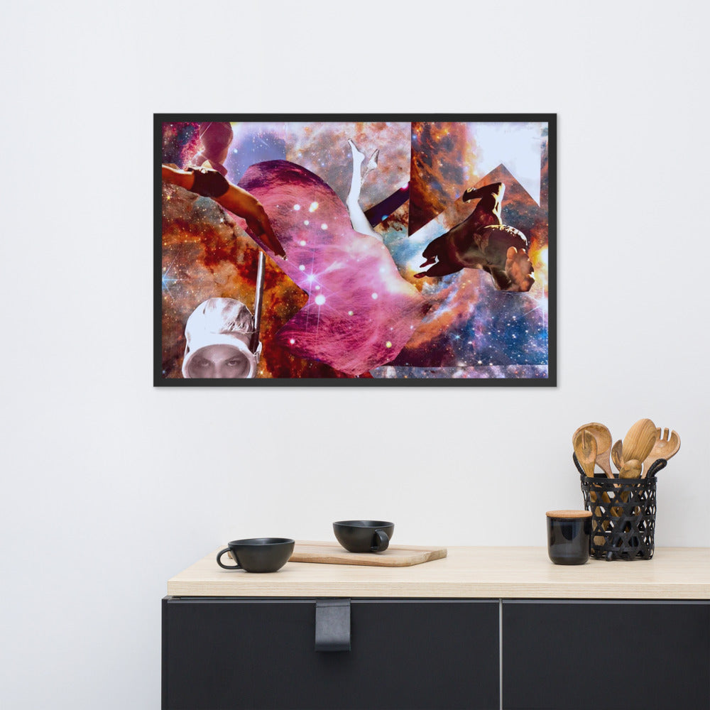 Space Ocean framed art print in a black frame, above a sideboard — 36 × 24 in
