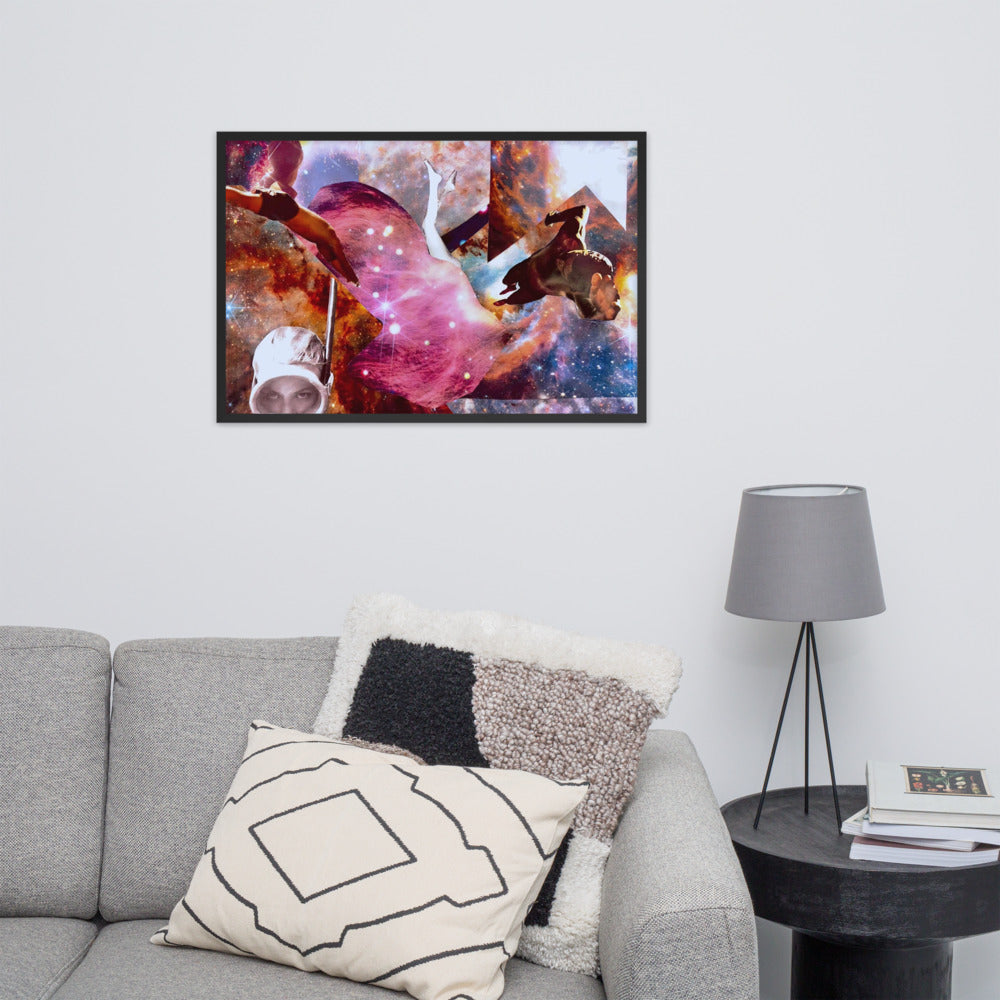 Space Ocean framed art print in a black frame, above a sofa in a living room — 36 × 24 in
