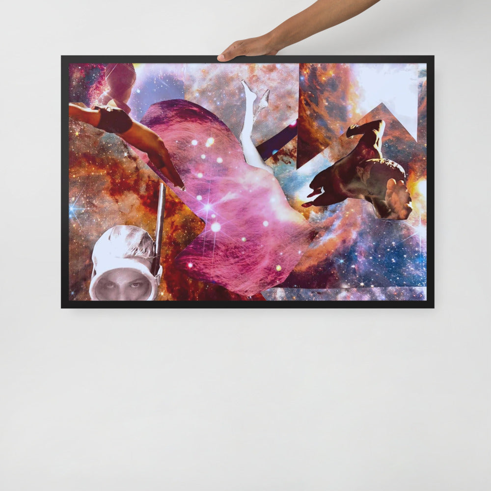 Space Ocean framed art print in a black frame, held up to show its size — 36 × 24 in