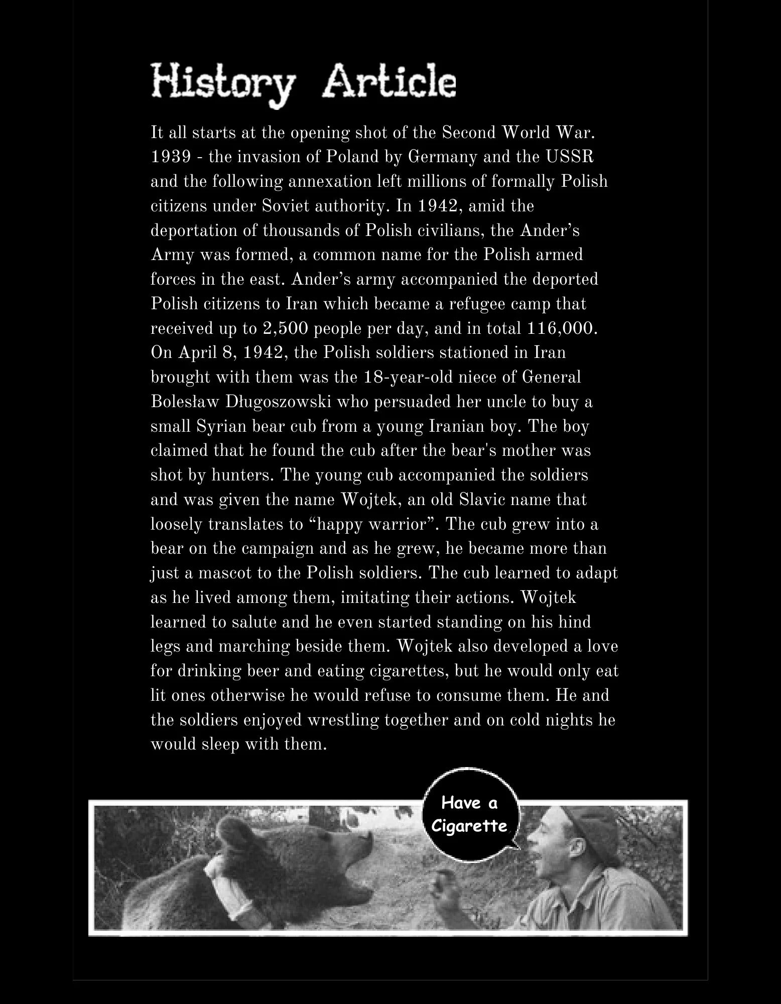 Opening page of the History Article about Wojtek the bear